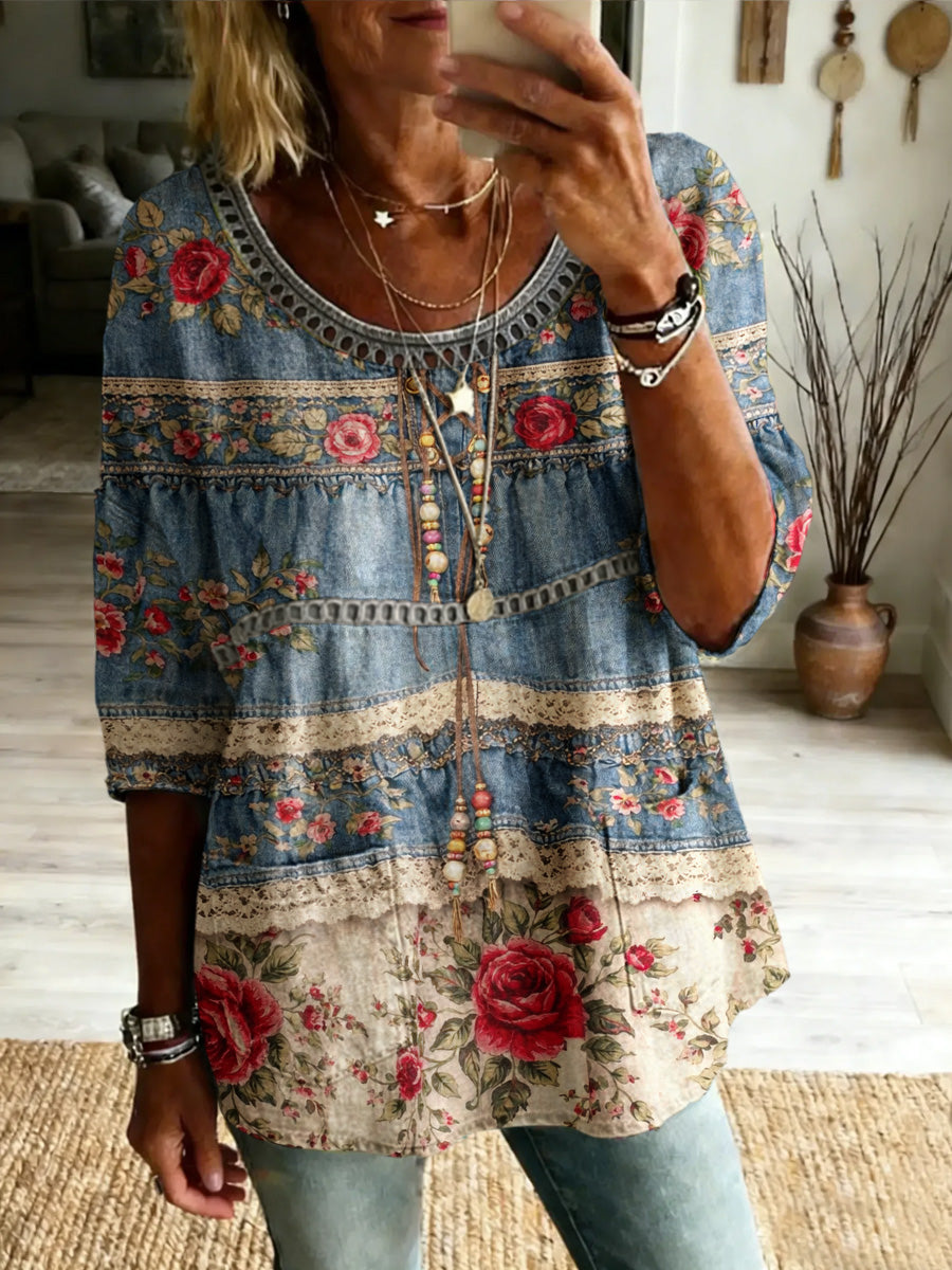 Women's Retro Casual Style Print Vintage Half Sleeves Shirt
